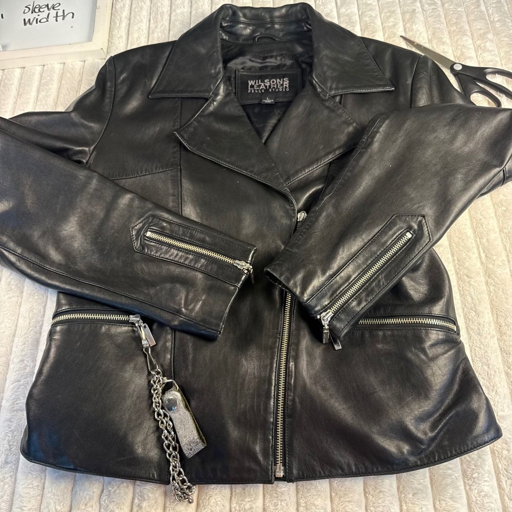 Wilsons Leather Pelle Studio Black Moto Jacket Vintage Zipper Cuffs Large